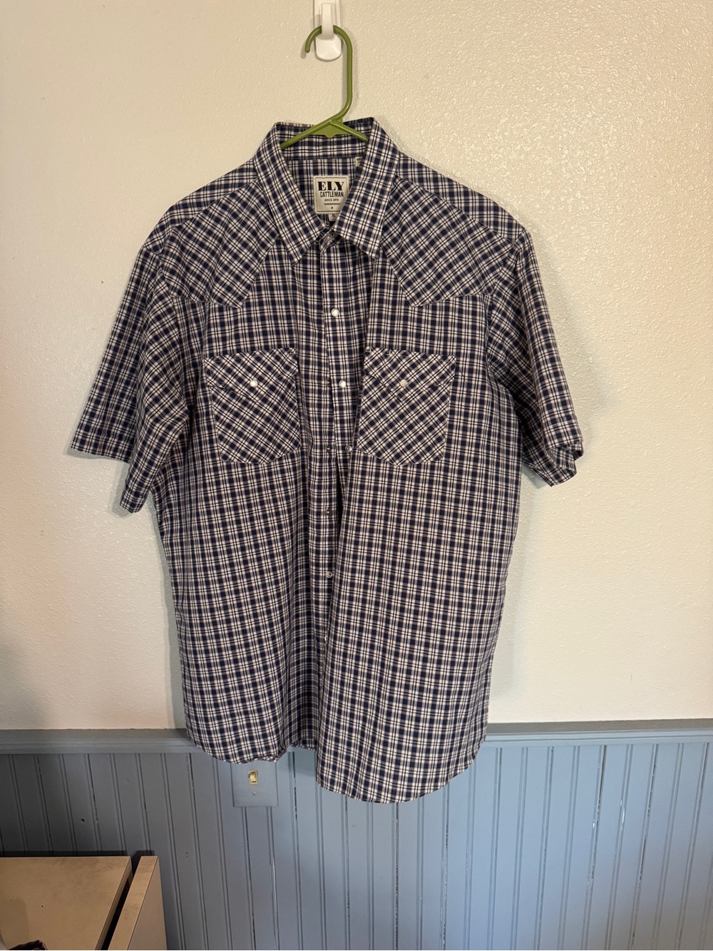Ely Cattleman Men's Short Sleeve Blue and White Plaid Western Shirt XL
